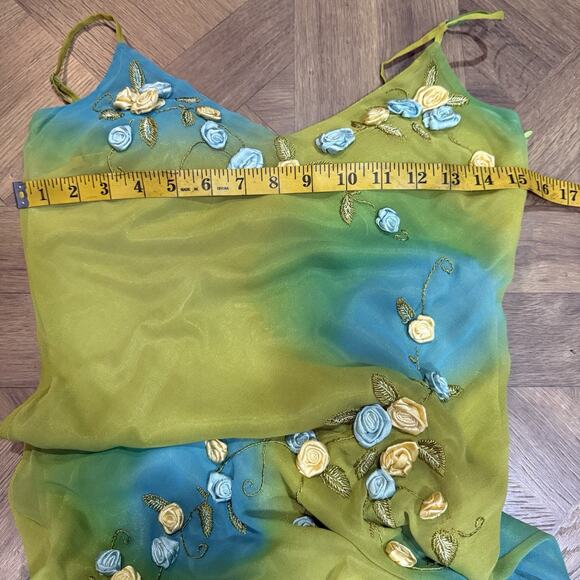 Vintage Sue Wong Size 4 Midi Dress Silk Gown Green Fairy Y2K Floral Whimsical - Picture 11 of 14